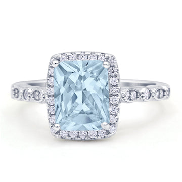 Art Deco Accent Halo Radiant Engagement Ring Simulated Aquamarine 925 Sterling Silver Wholesale